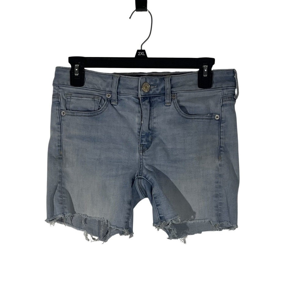 AEO Midi Denim Shorts Size 6 Light Wash Distressed Raw Hem